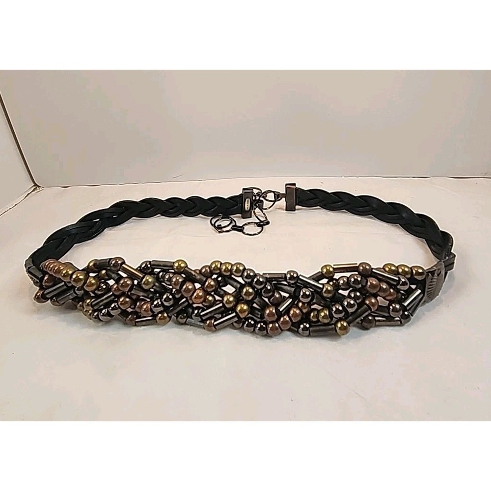 Beaded Adjustable Heavy Faux Leather Braided Black Belt Sz S/M